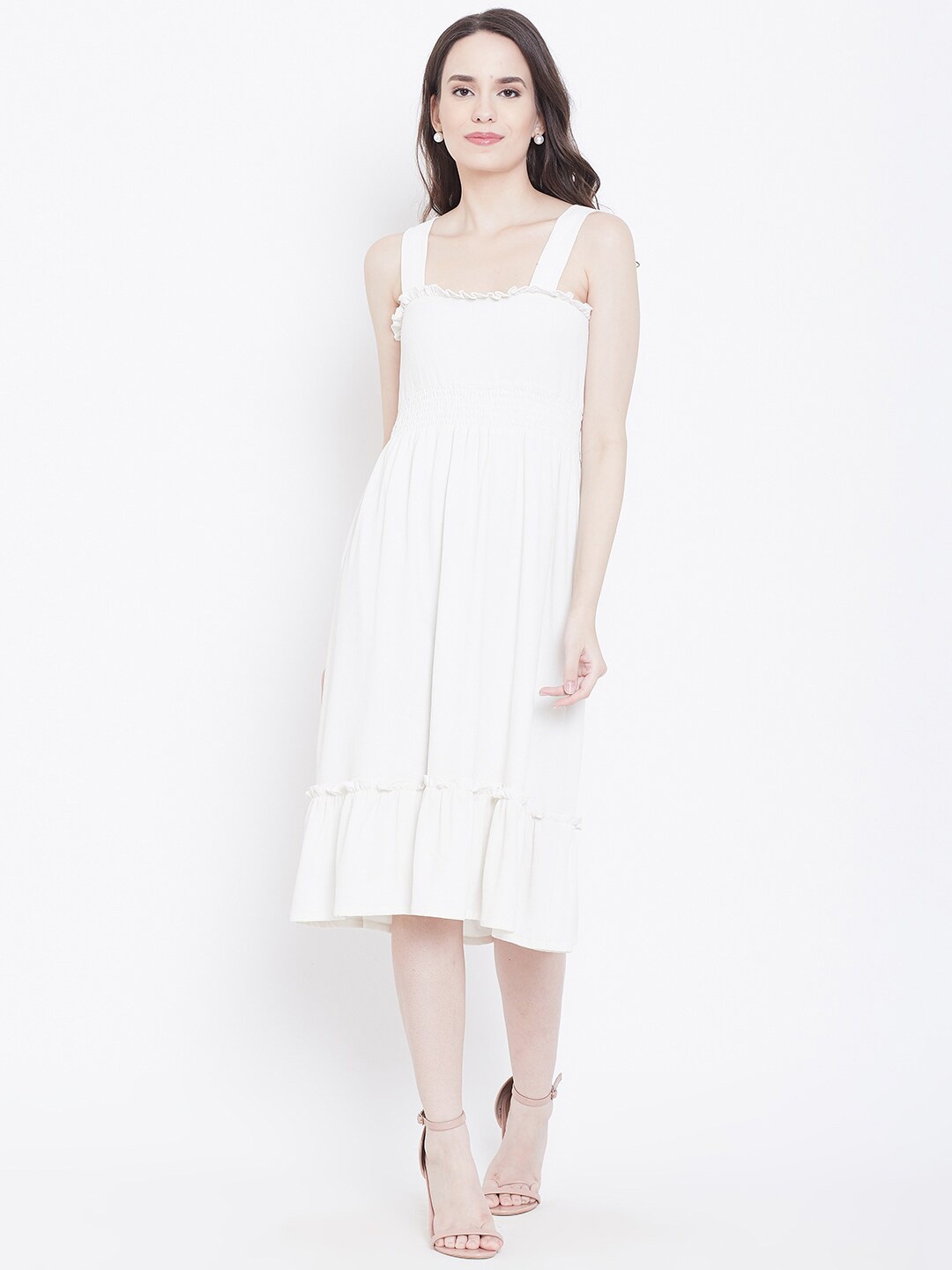 

DODO & MOA Smocked Fit & Flare Midi Dress, Off white