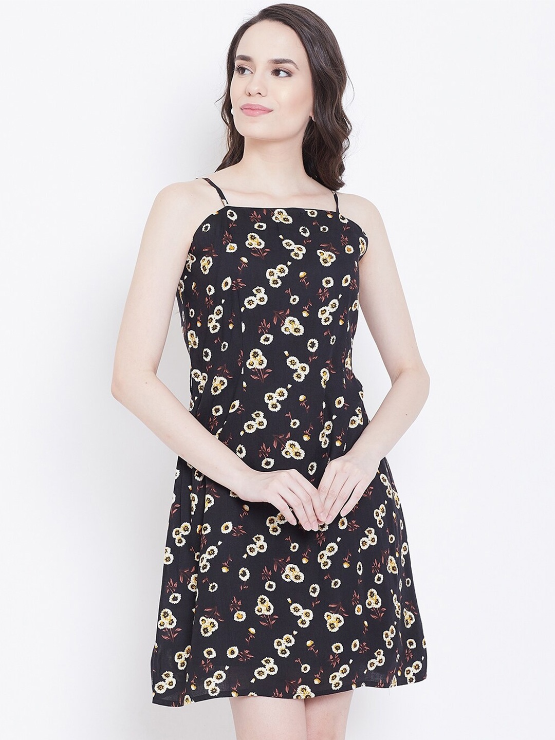 

DODO & MOA Floral Printed Shoulder Strap A-Line Dress, Black