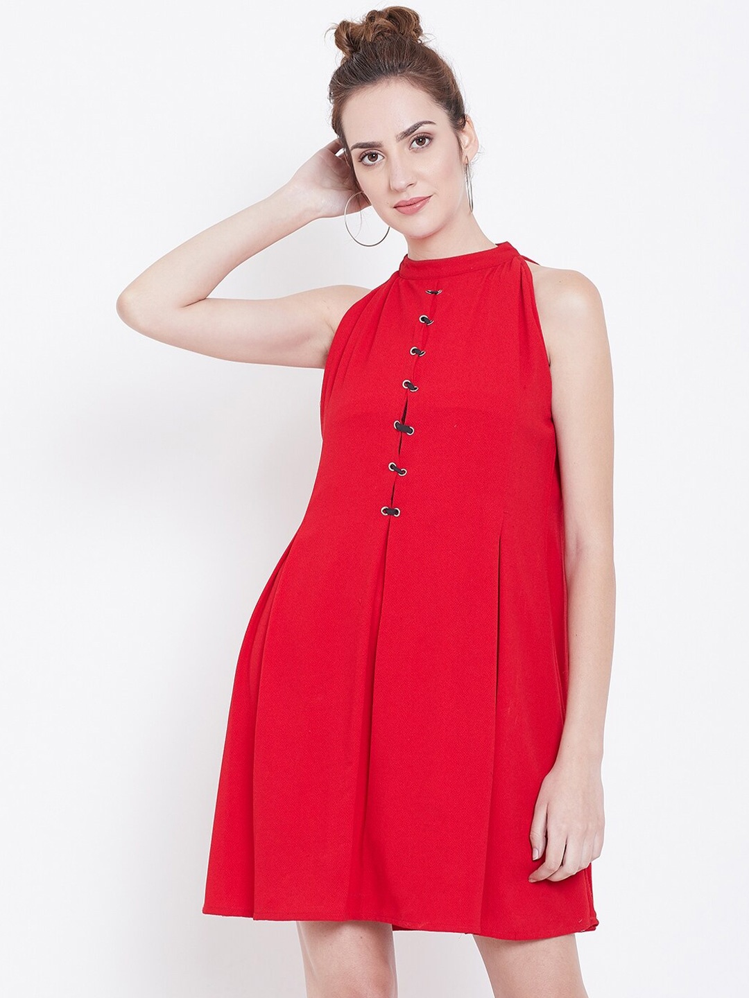 

DODO & MOA High Neck Pleated A-Line Dress, Red