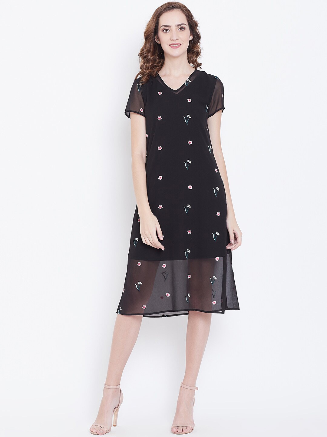 

DODO & MOA Floral Printed Sheer A-Line Midi Dress, Black