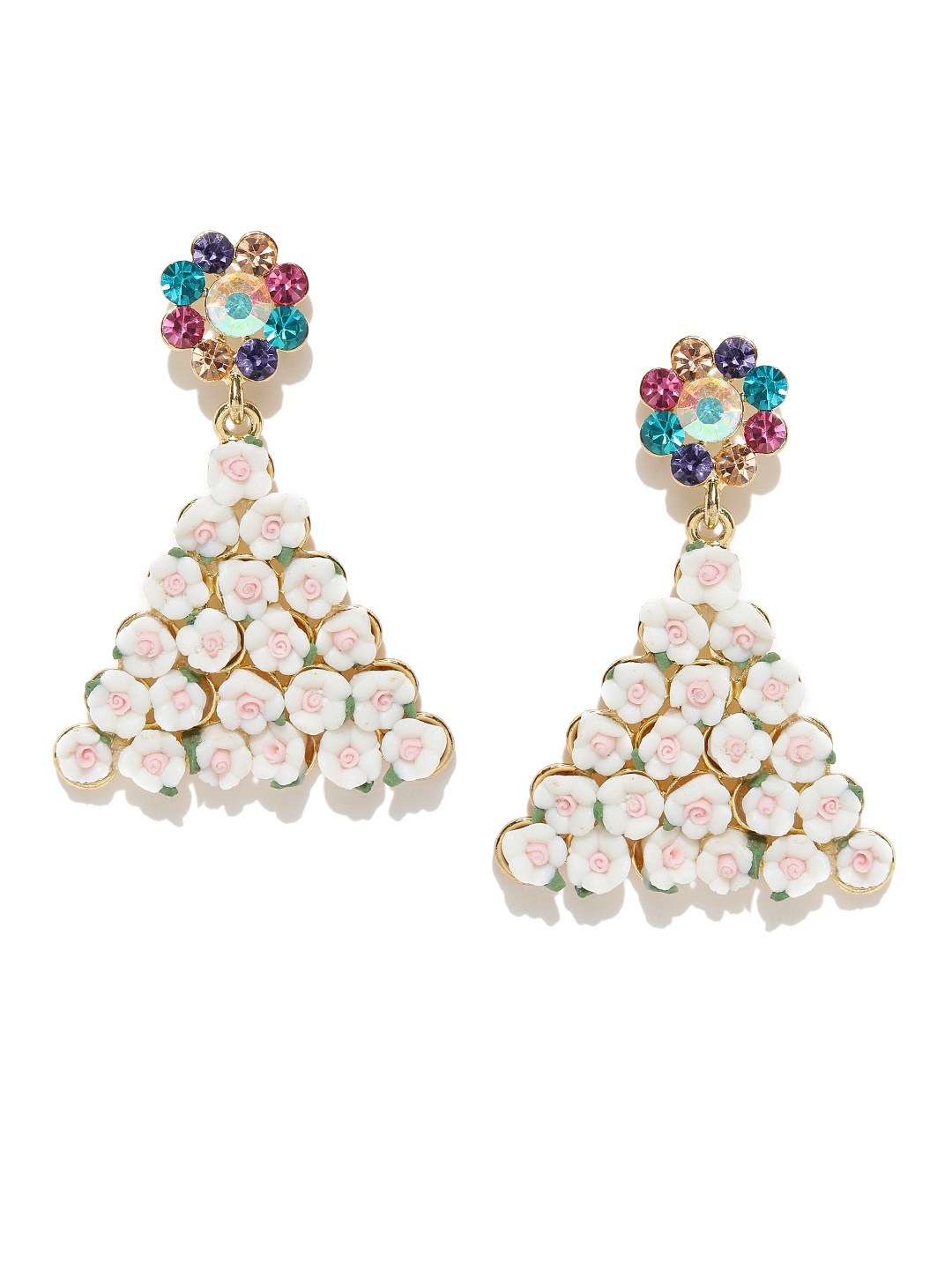 

Jewels Galaxy Off-White Gold-Plated CZ Stone-Studded Floral Handcrafted Drop Earrings