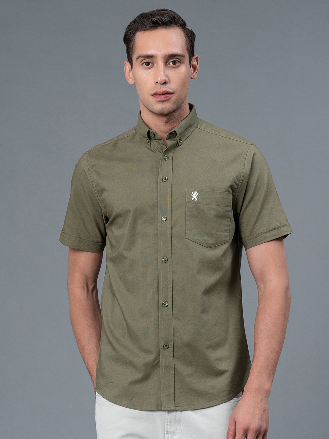 

Red Tape Button-Down Collar Regular Fit Pure Cotton Casual Shirt, Olive