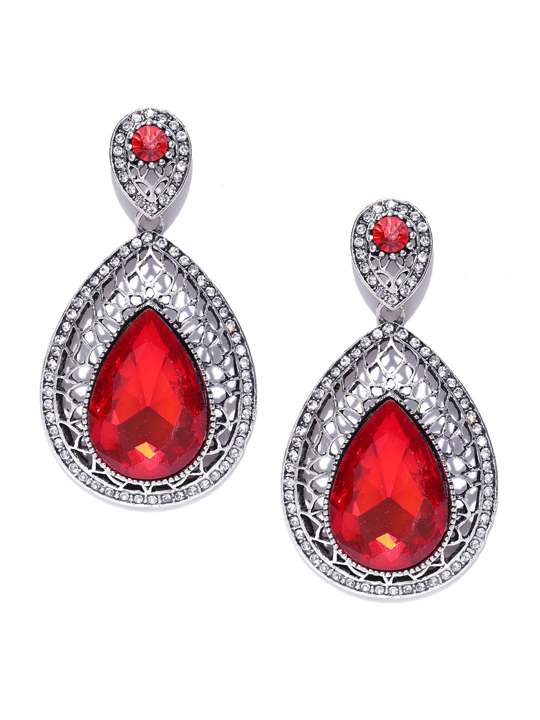 

Jewels Galaxy Red Silver-Plated Teardrop-Shaped Drop Earrings