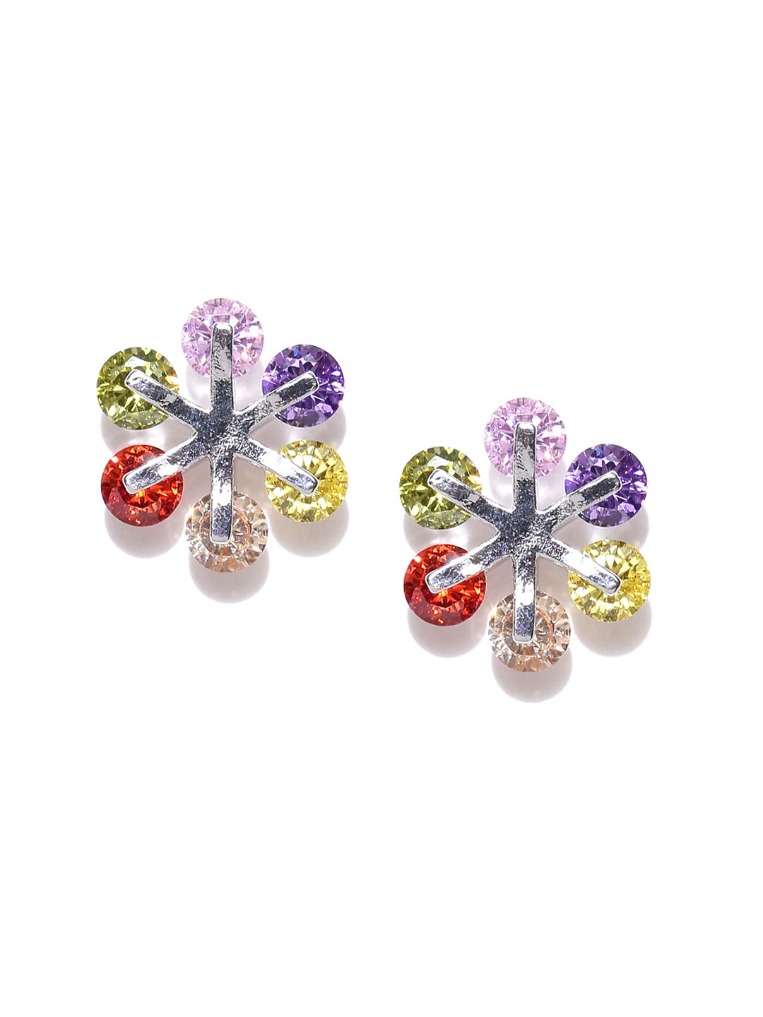 

Jewels Galaxy Multicoloured Silver-Plated Handcrafted CZ-Stone Studs, Multi