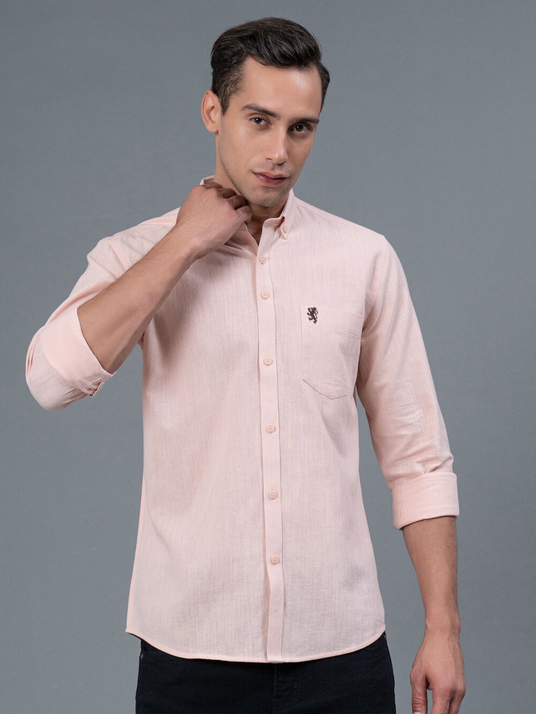 

Red Tape Spread Collar Cotton Linen Casual Shirt, Peach