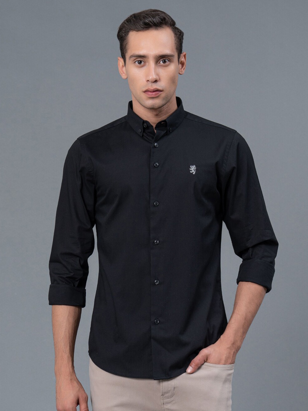 

Red Tape Spread Collar Casual Pure Cotton Shirt, Black