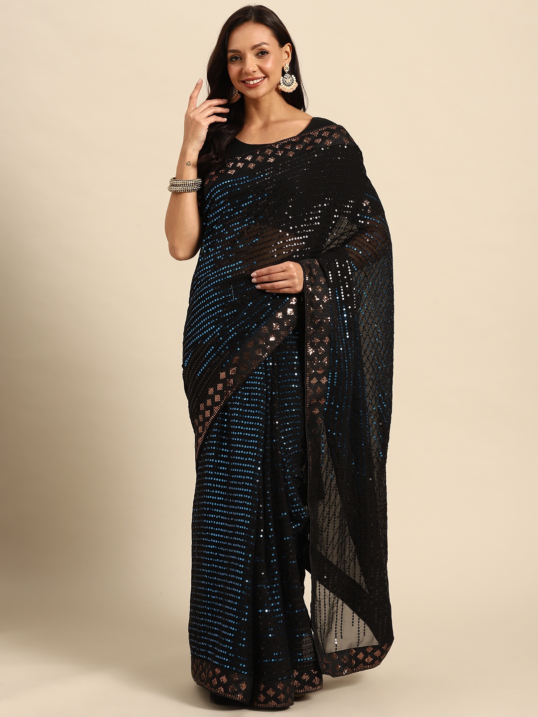 

Purple State Embellished Sequinned Saree, Black