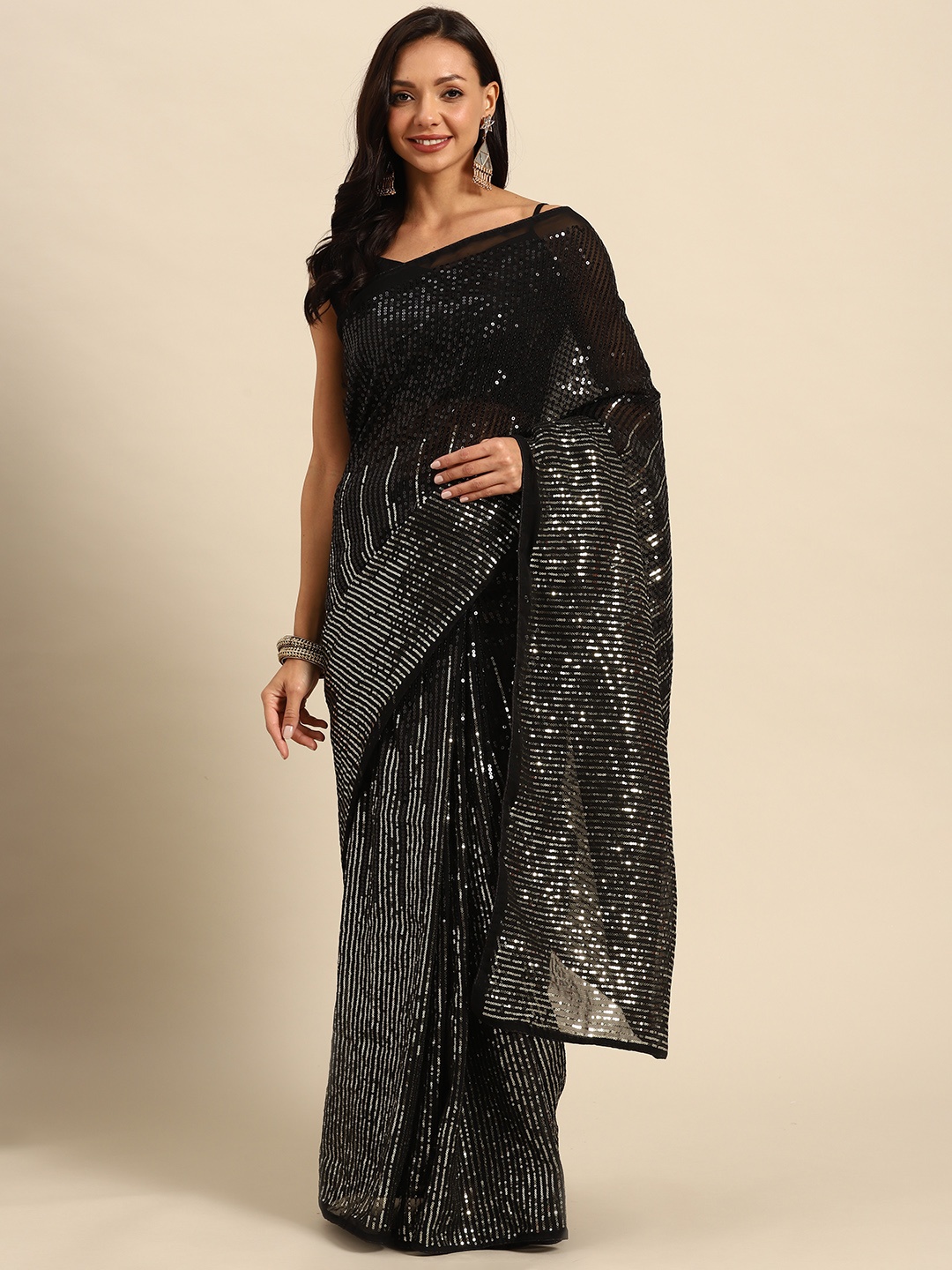 

Purple State Embellished Sequinned Saree, Black