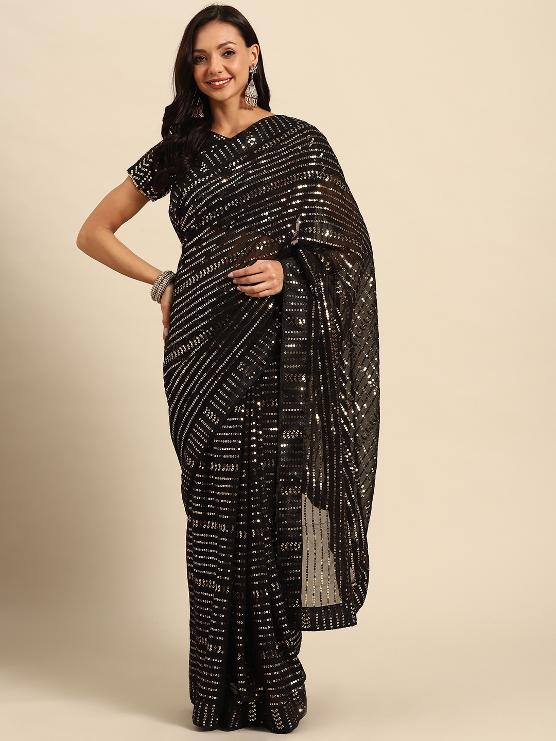 

Purple State Embellished Sequinned Saree, Black