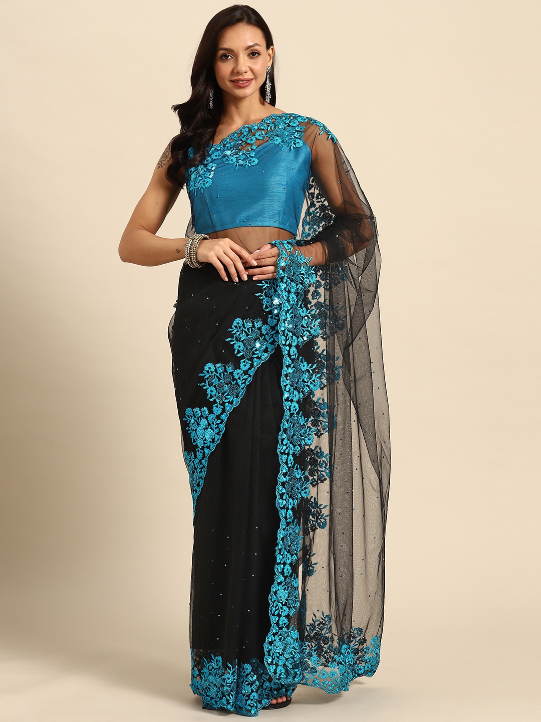 

Purple State Floral Sequinned Embroidered Saree, Black