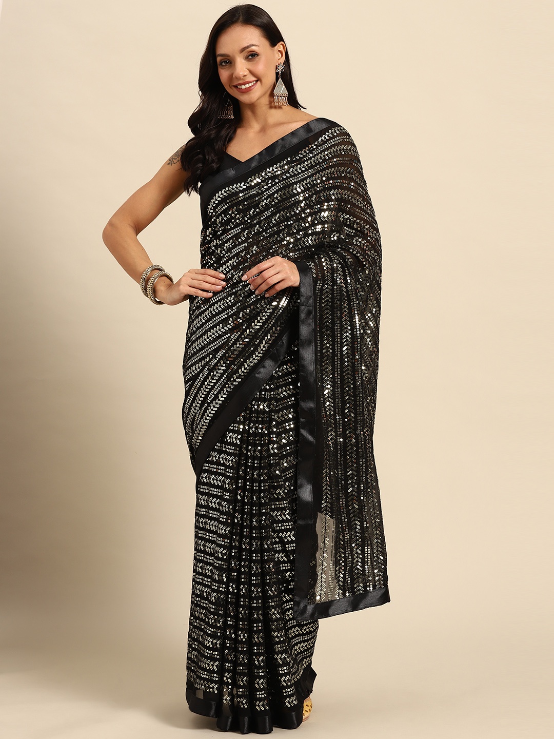 

Purple State Embellished Sequinned Saree, Black