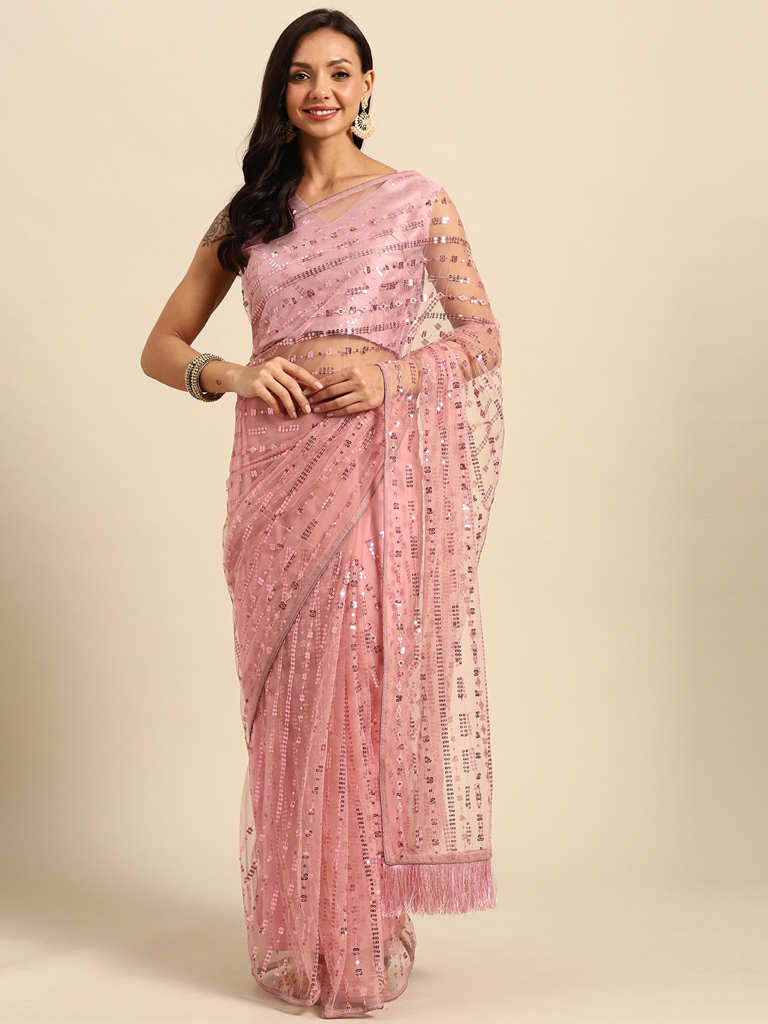 

Purple State Embellished Sequinned Saree, Pink