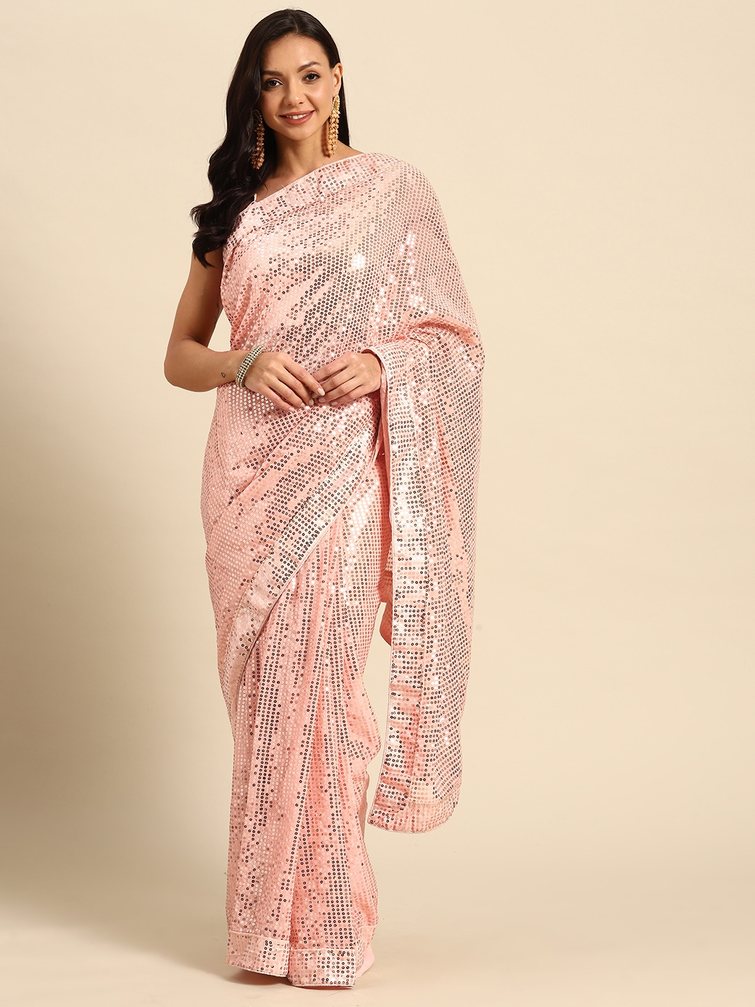 

Purple State Embellished Sequinned Saree, Peach