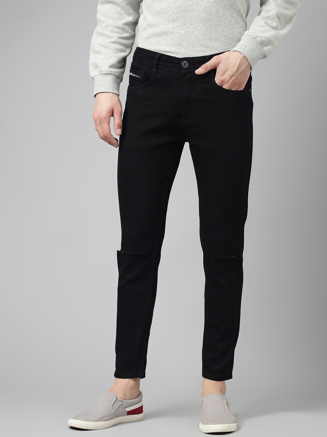 

Code 61 Men Skinny Fit Low-Rise Slash Knee Stretchable Jeans, Black