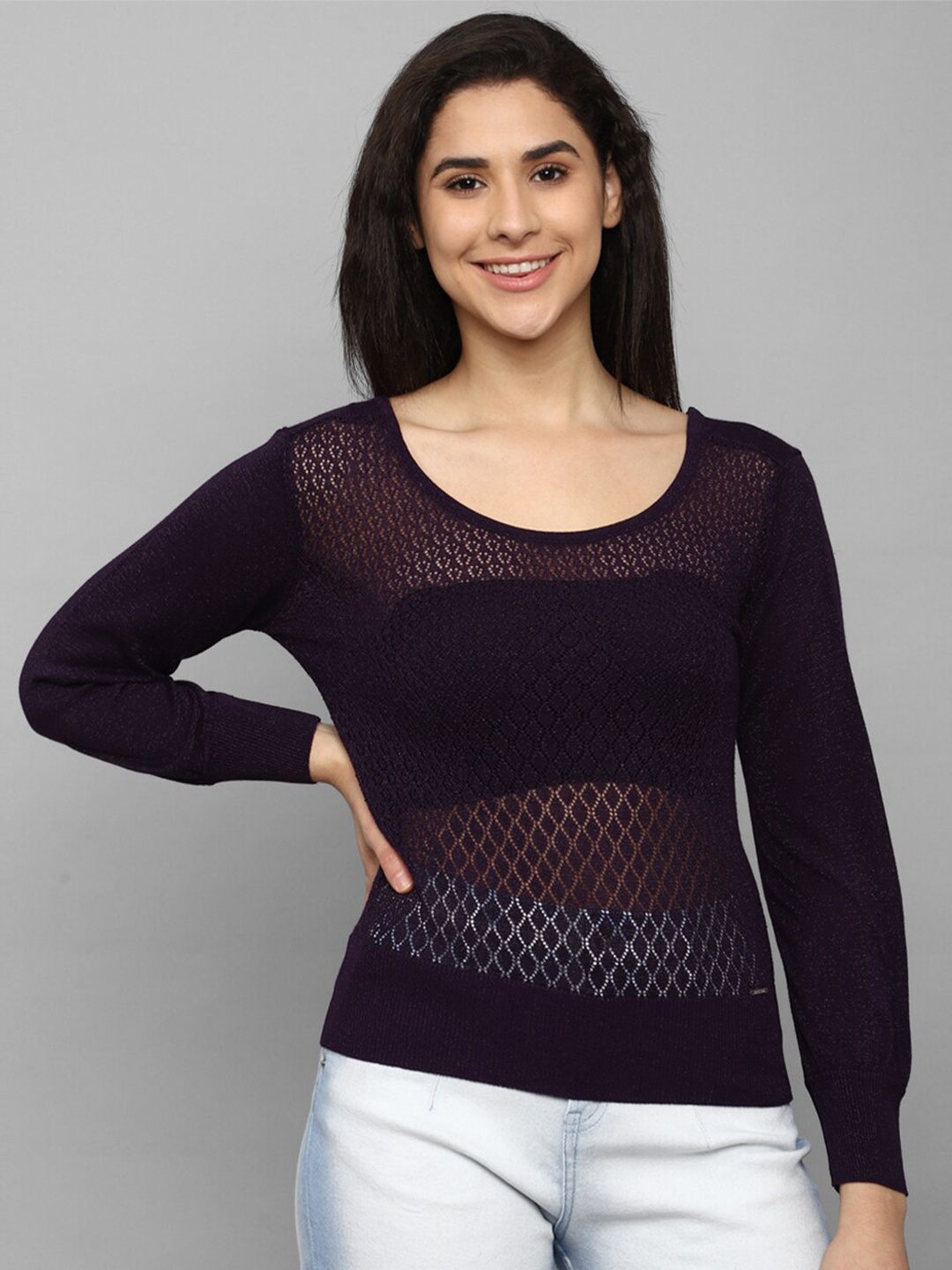 

Allen Solly Woman Self Design Sheer Long Sleeves Top, Purple