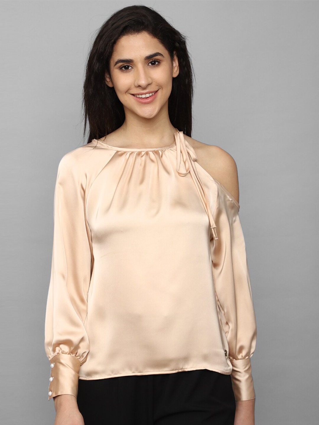 

Allen Solly Woman Tie-Up Neck Cuffed Sleeves Cold Shoulder Top, Beige