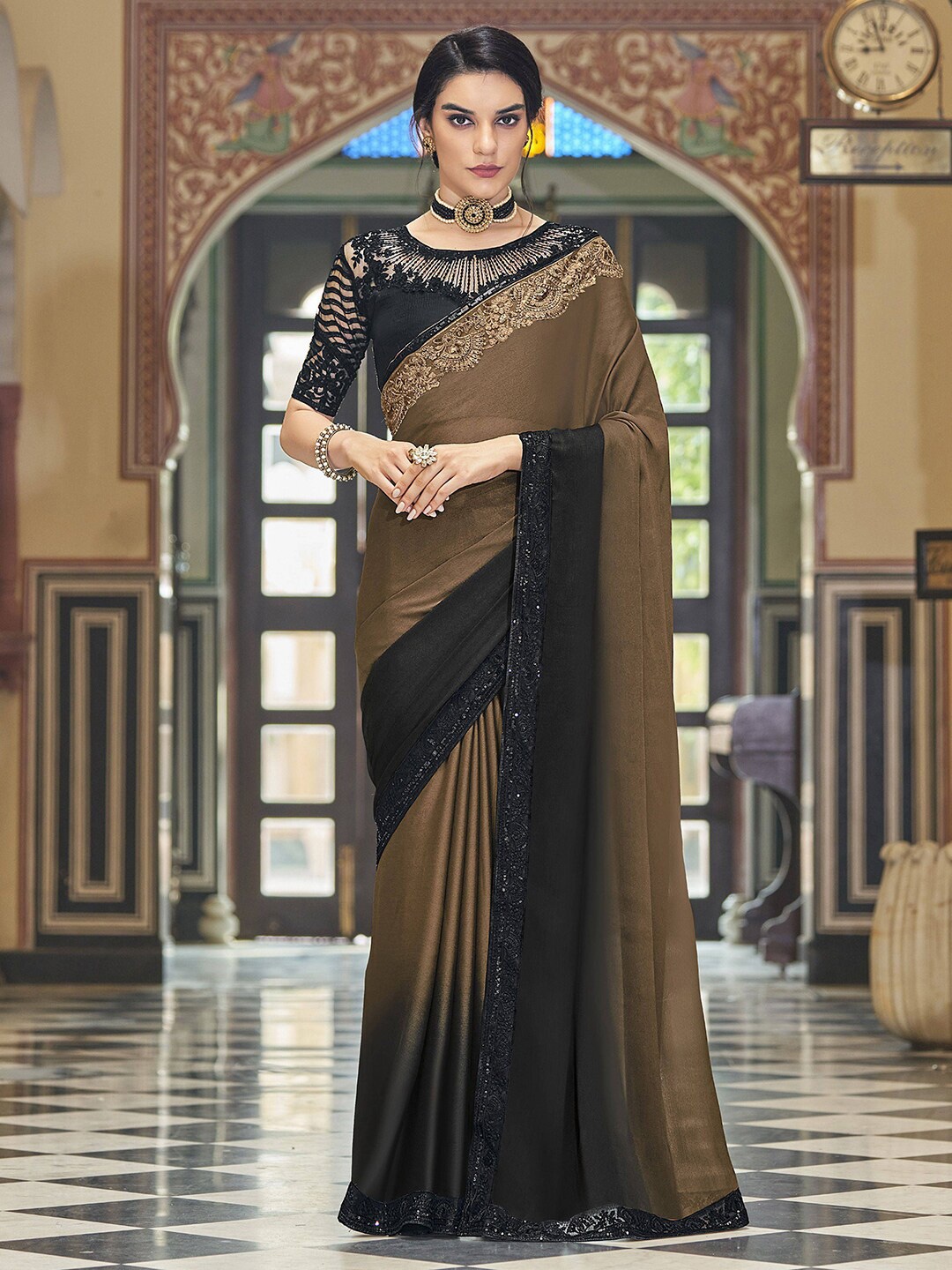 

Satrani Ethnic Motifs Embroidered Pure Chiffon Saree With Sequinned Blouse, Brown