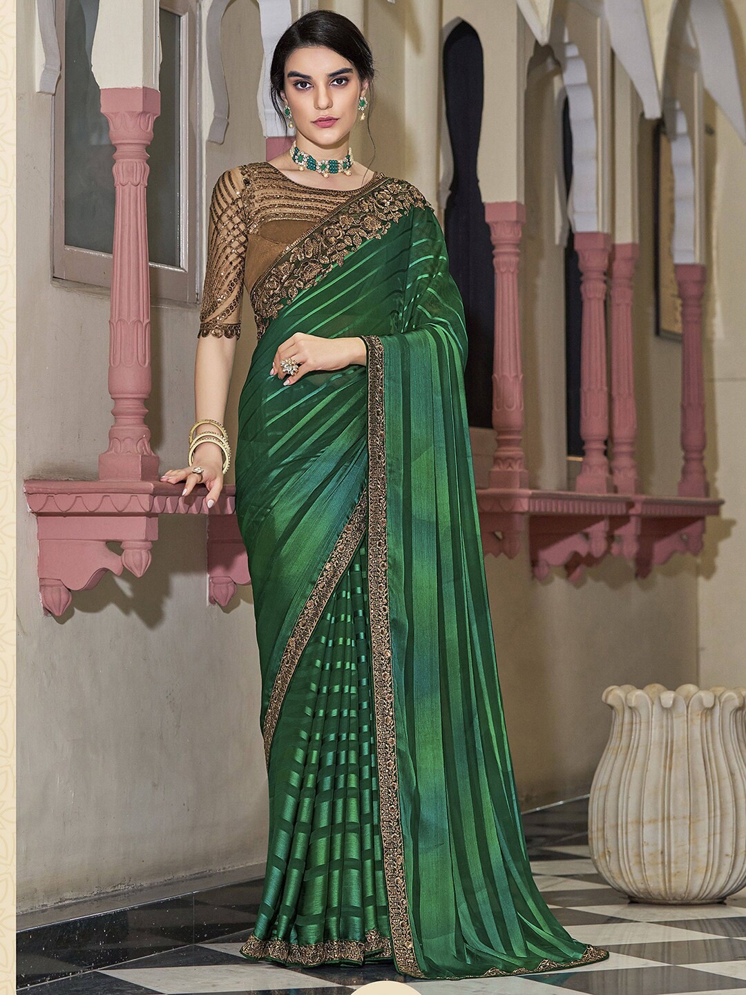 

Satrani Striped Sequinned Pure Chiffon Saree, Green