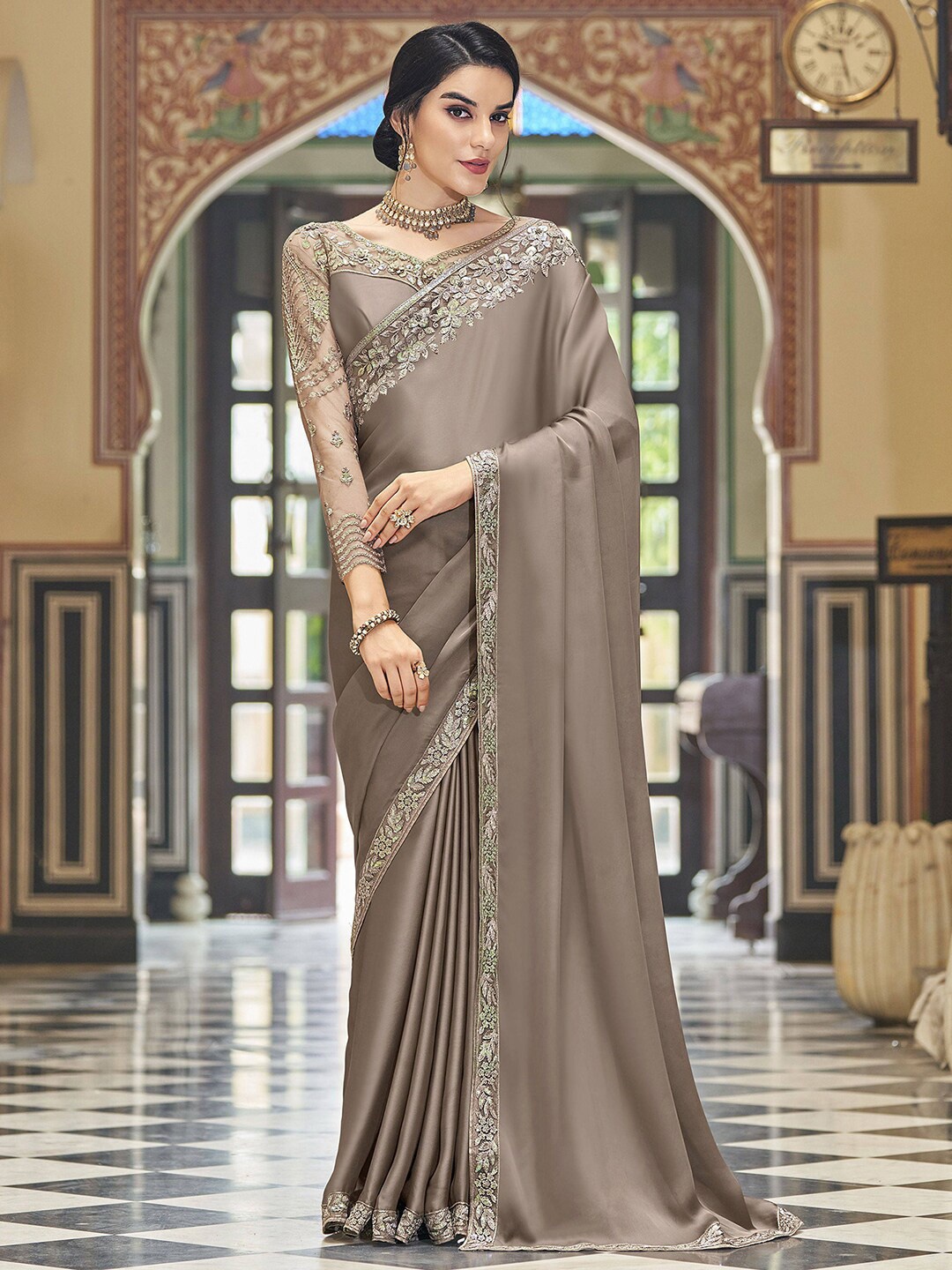 

Satrani Sequinned Satin Saree, Grey