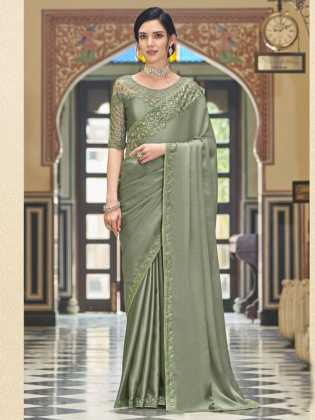 

Satrani Sequinned Embroidered Satin Saree, Green