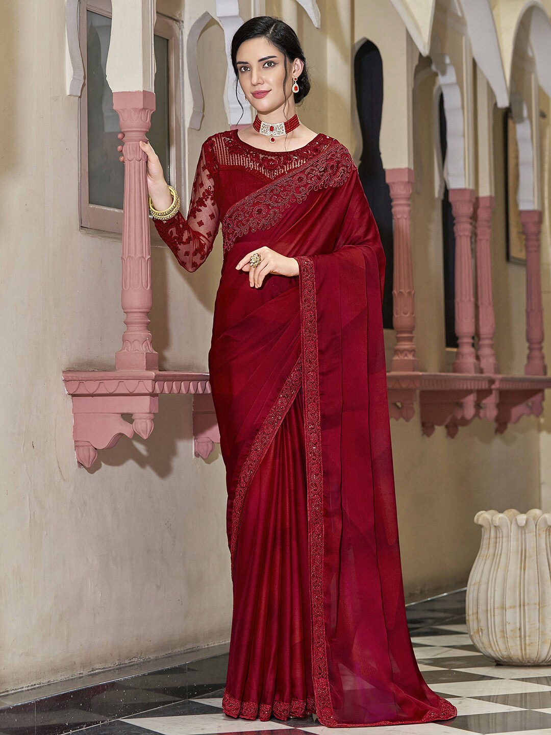 

Satrani Red Floral Embroidered Sequinned Pure Chiffon Saree