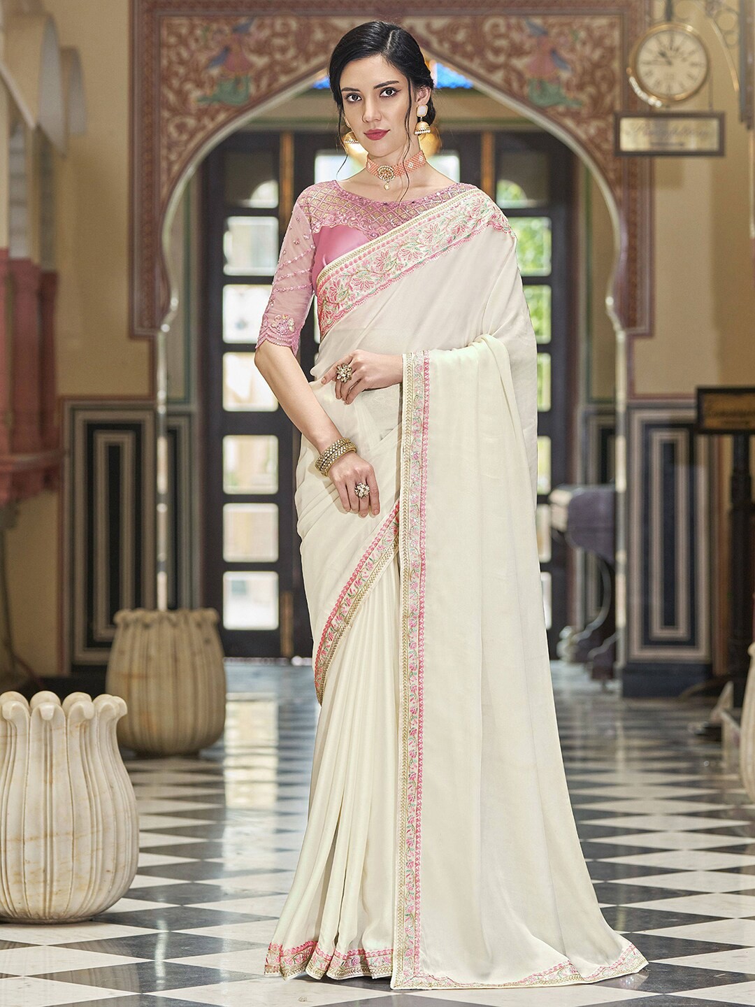 

Satrani Floral Embroidered Sequinned Satin Saree, Off white