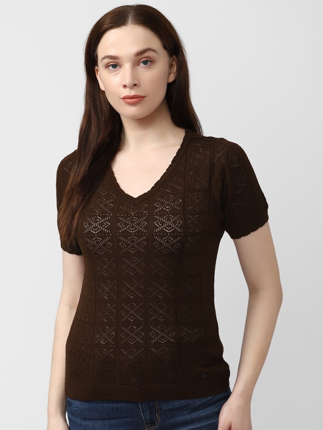 

Van Heusen Woman Self Design V-Neck Short Sleeves Top, Brown