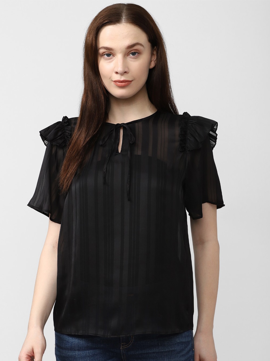 

Van Heusen Woman Tie-Up Neck Ruffles Formal Top, Black