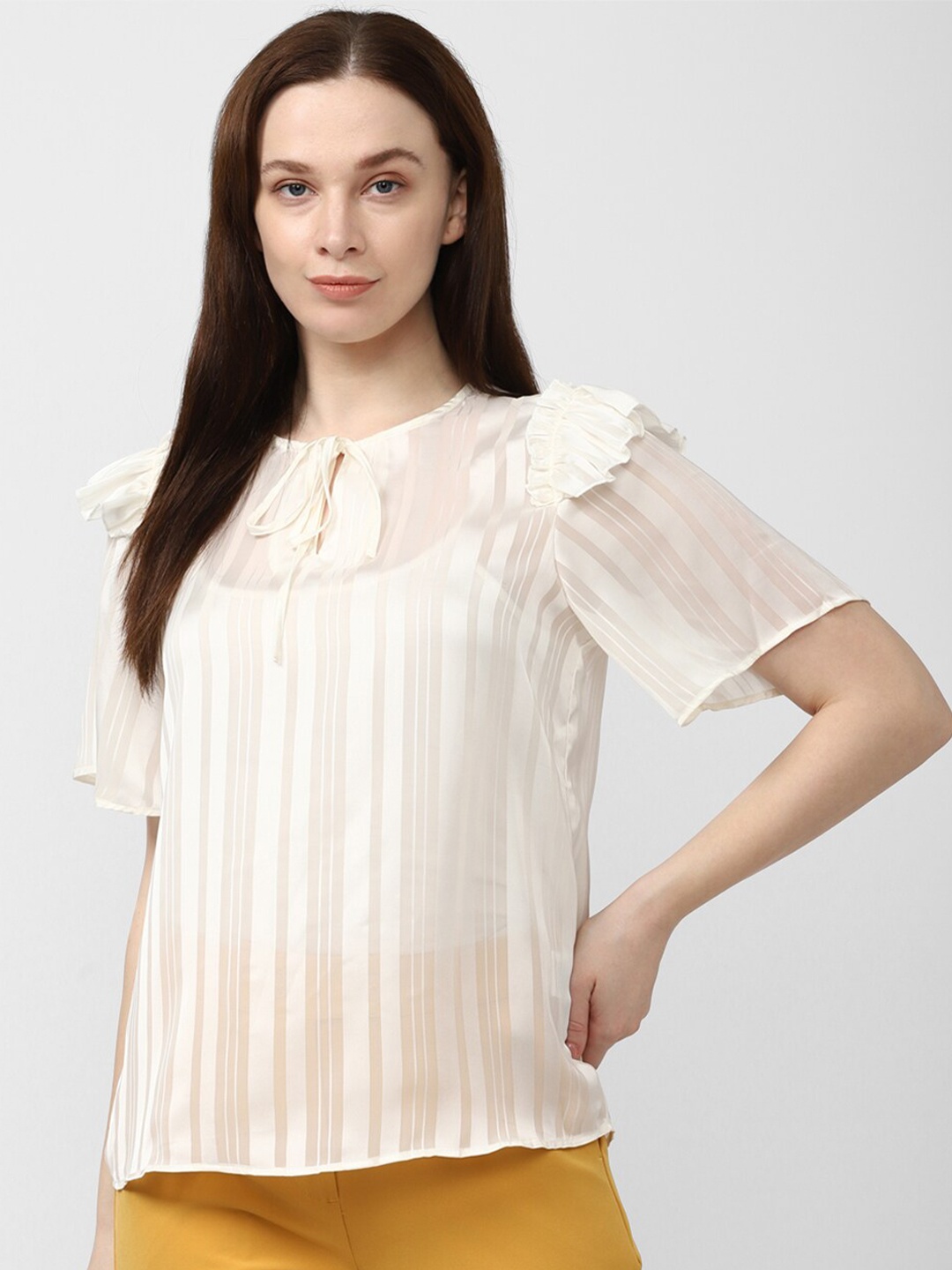 

Van Heusen Woman Striped Tie-Up Neck Ruffles Detail Top, Cream