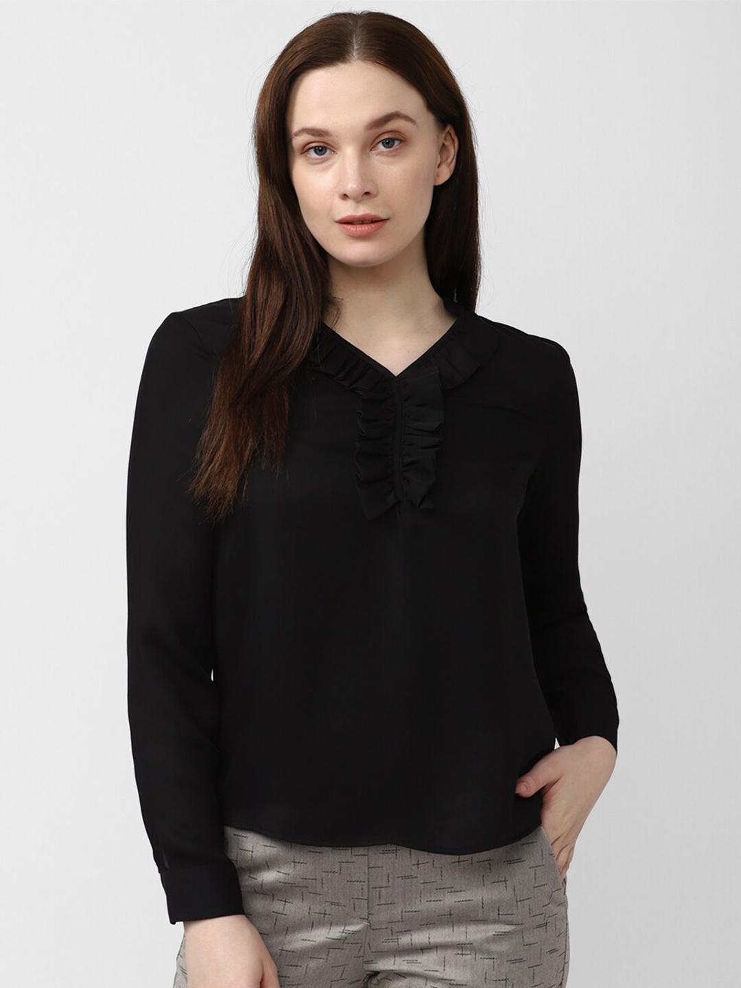 

Van Heusen Woman V-Neck Ruffles Formal Top, Black