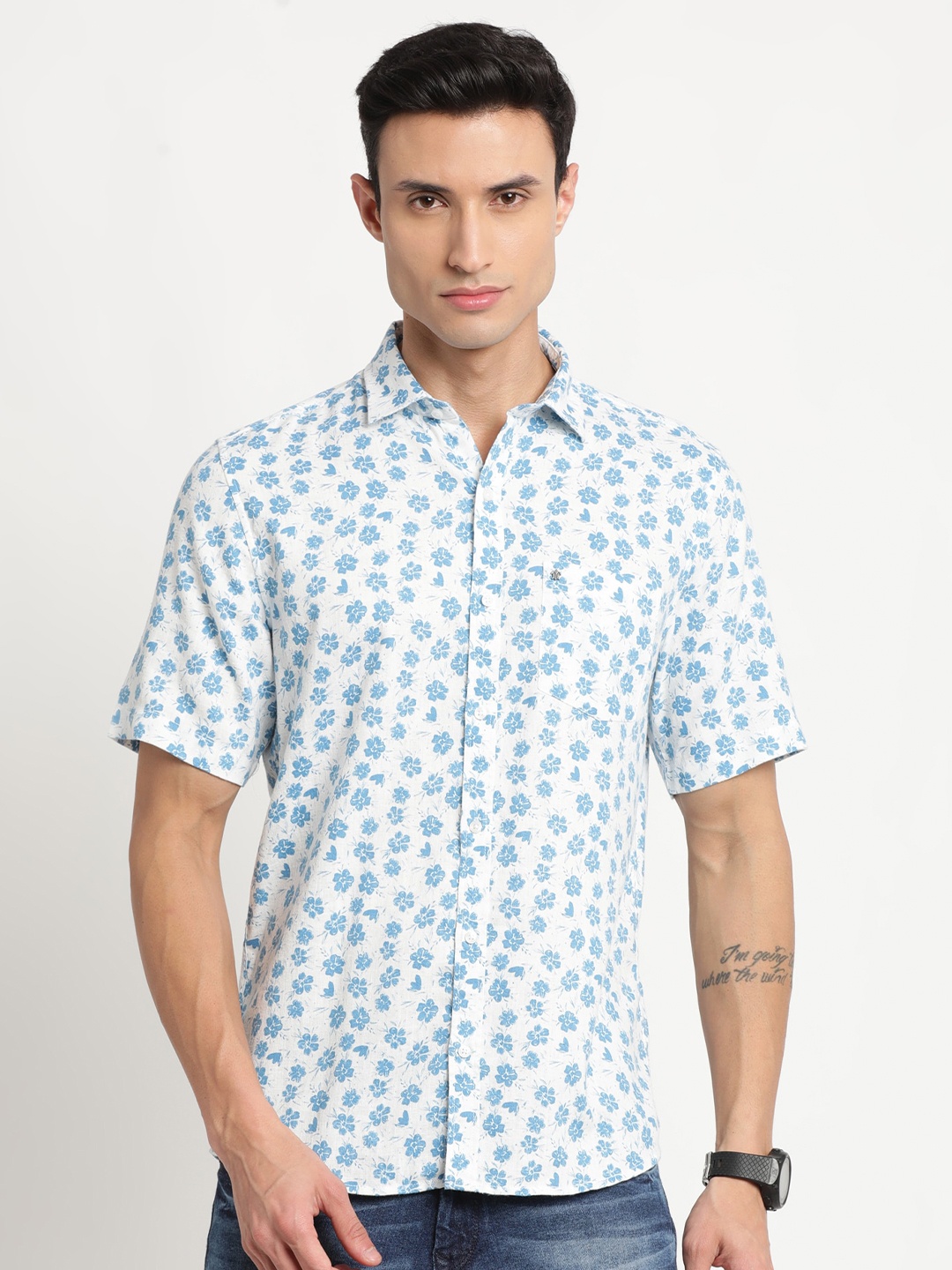 

Turtle Men Relaxed Slim Fit Printed Casual Linen Shirt, White