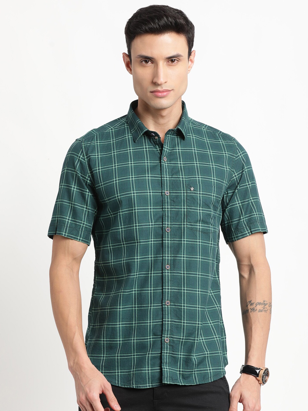 

Turtle Relaxed Slim Fit tartan Checks Checked Pure Cotton Casual Shirt, Green