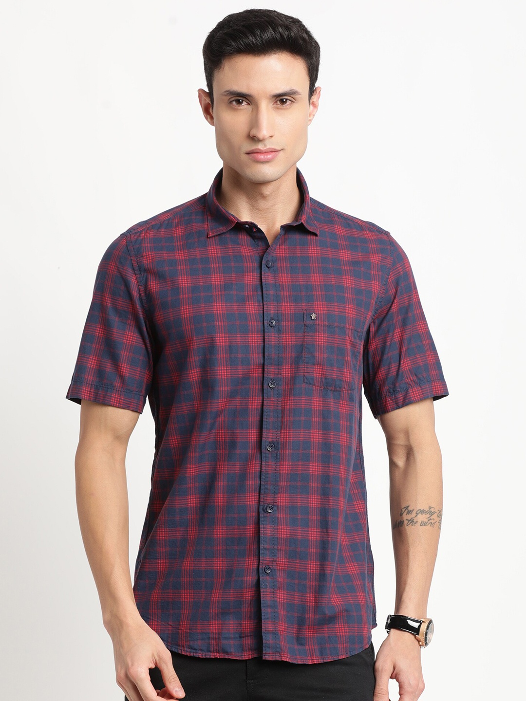 

Turtle Relaxed Slim Fit Tartan Checks Checked Pure Cotton Casual Shirt, Navy blue