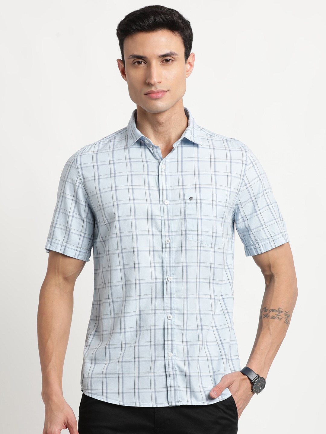 

Turtle Relaxed Slim Fit Tartan Checks Checked Pure Cotton Casual Shirt, Blue