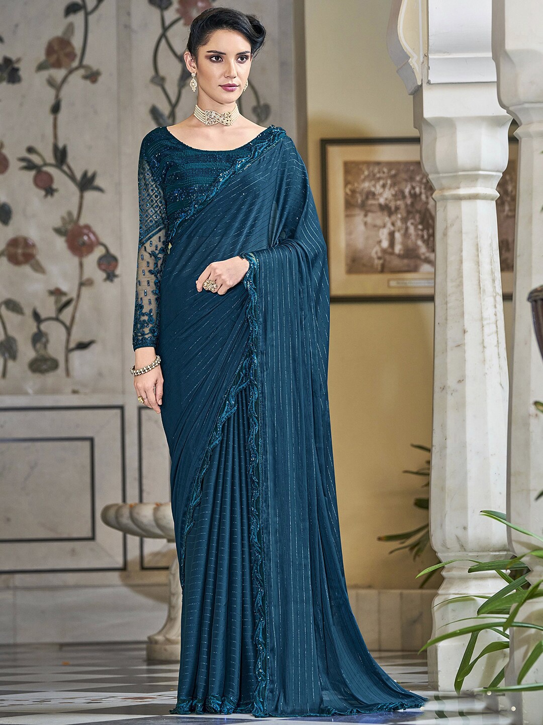 

Satrani Striped Sequinned Pure Chiffon Saree, Teal