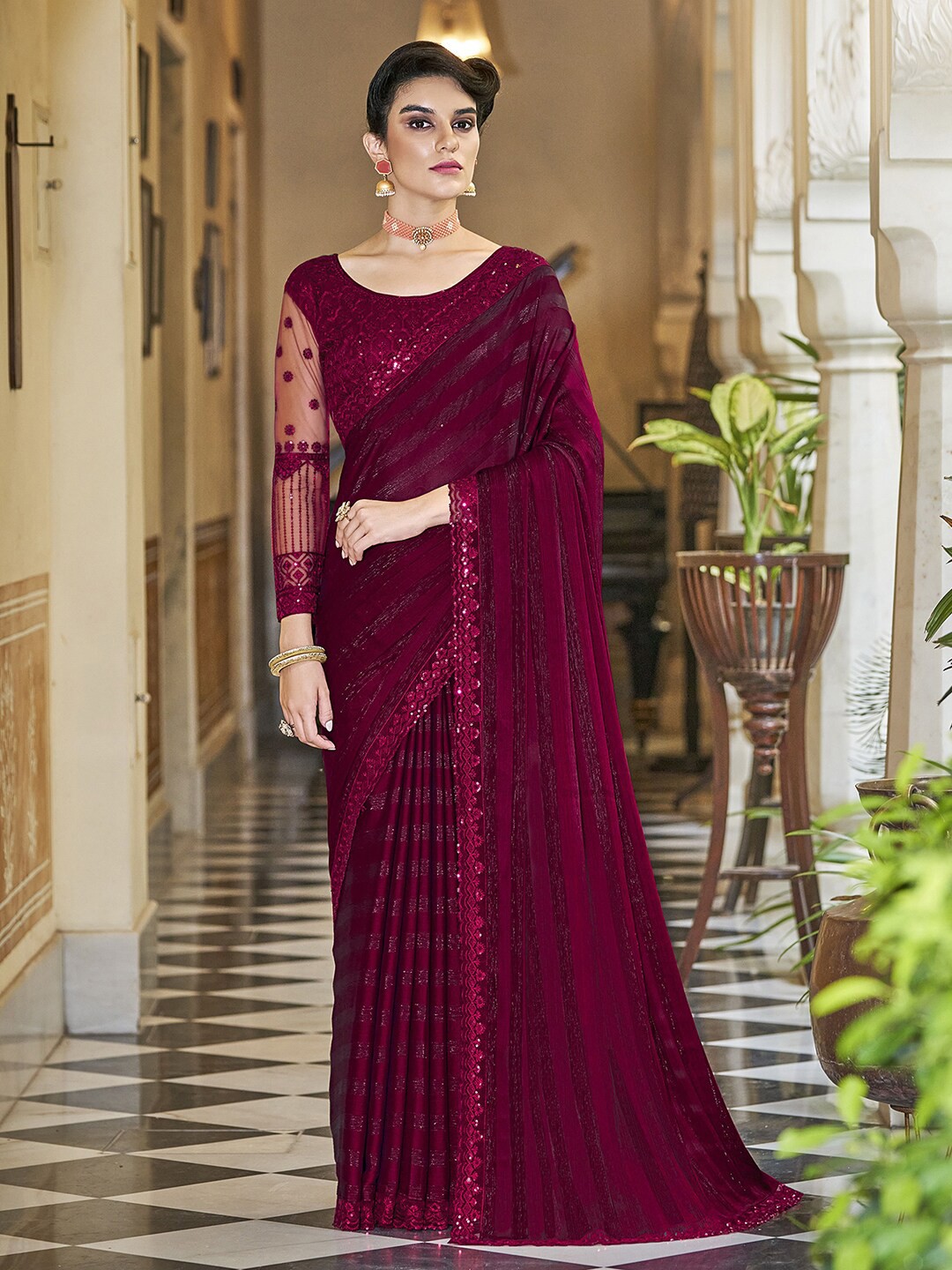 

Satrani Striped Sequinned Pure Chiffon Saree, Pink