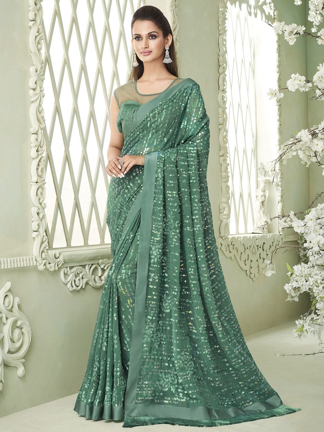 

Satrani Sequinned Pure Georgette Saree, Green