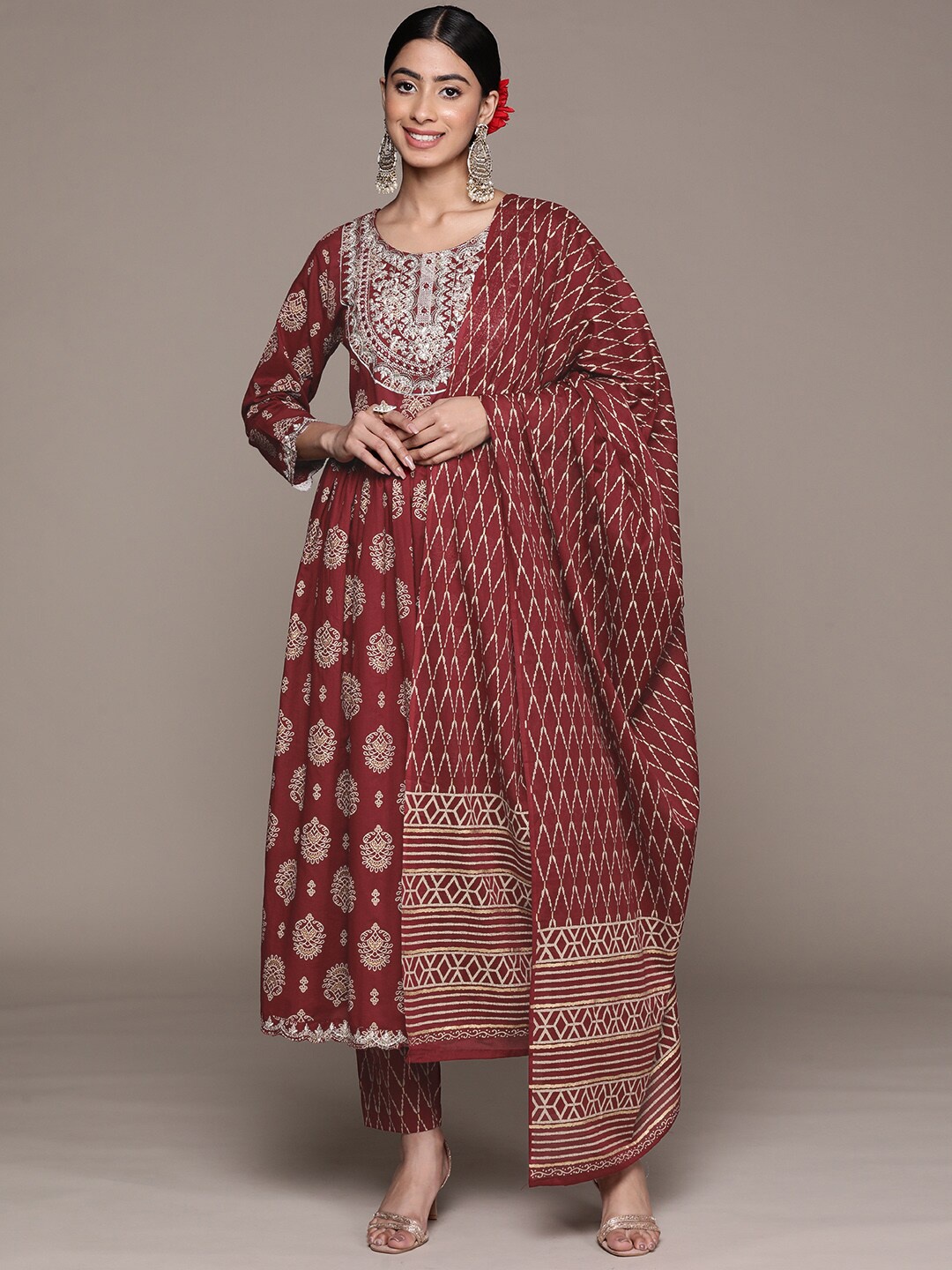 

Ishin Ethnic Printed Zari Mirror Work Anarkali Pure Cotton Kurta with Trousers & Dupatta, Maroon