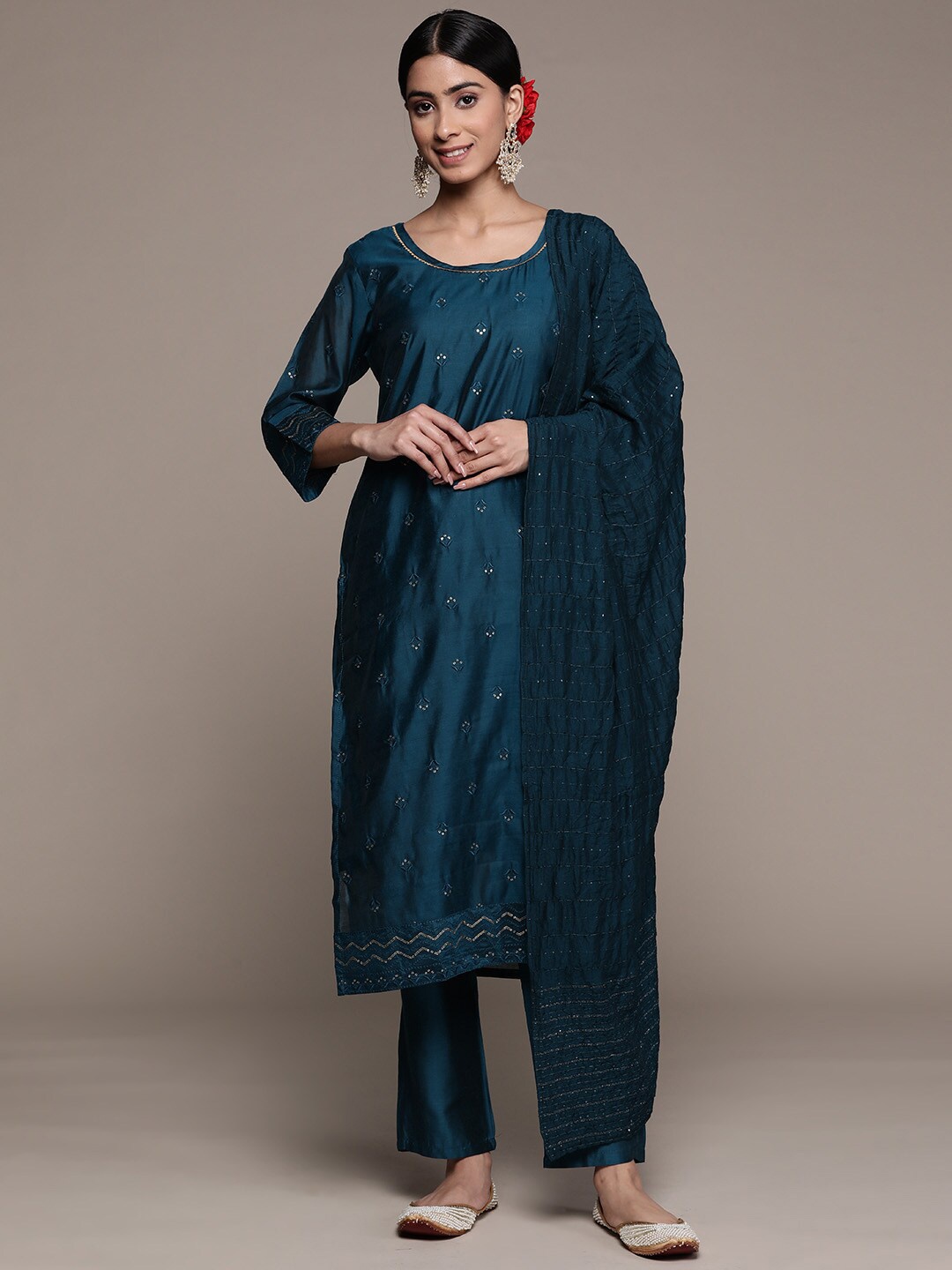

Ishin Ethnic Motifs Embroidered Sequinned Kurta with Trousers & Dupatta, Teal