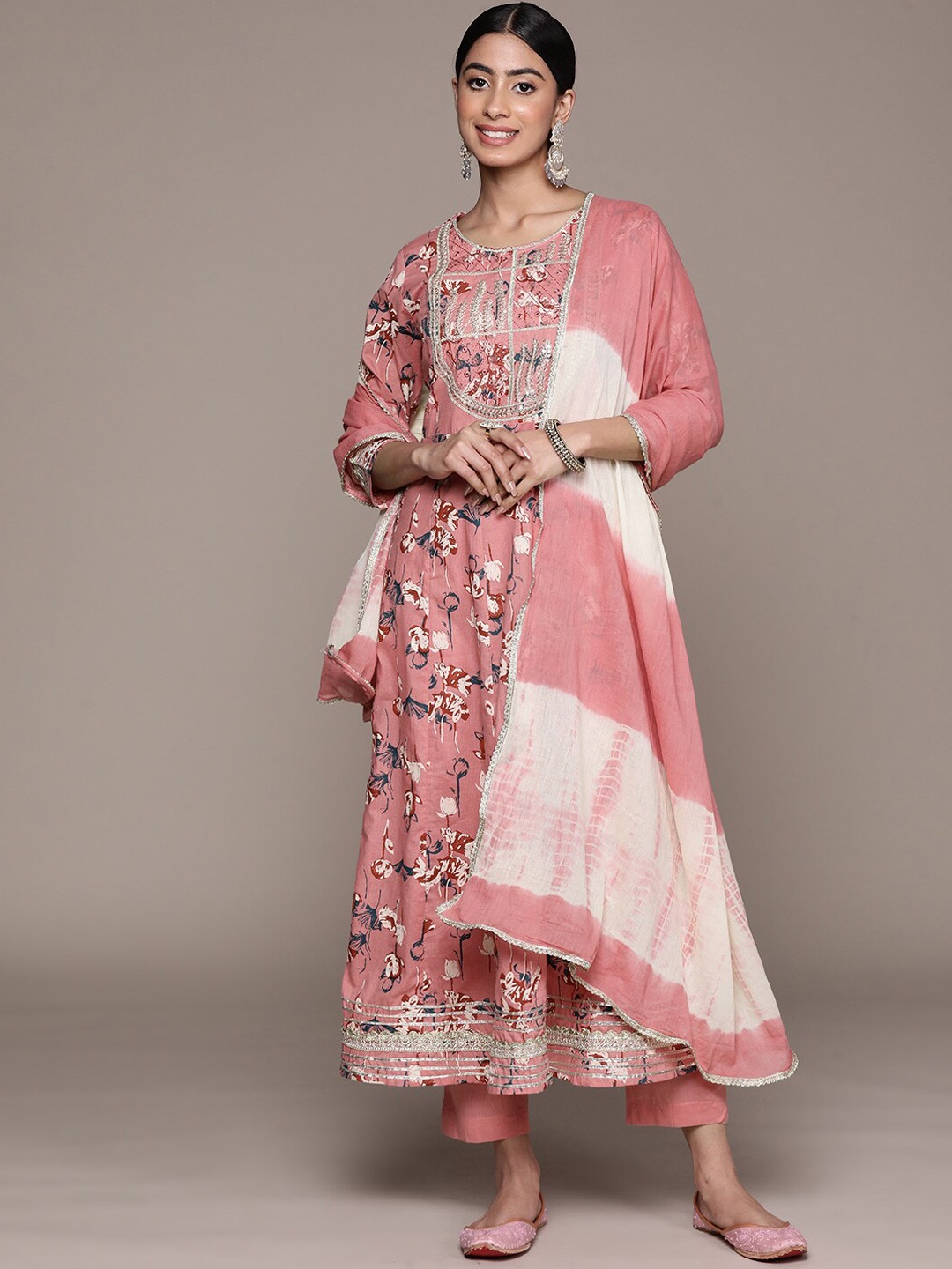 

Ishin Floral Printed Sequinned Zari Pure Cotton Anarkali Kurta With Trousers & Dupatta, Pink