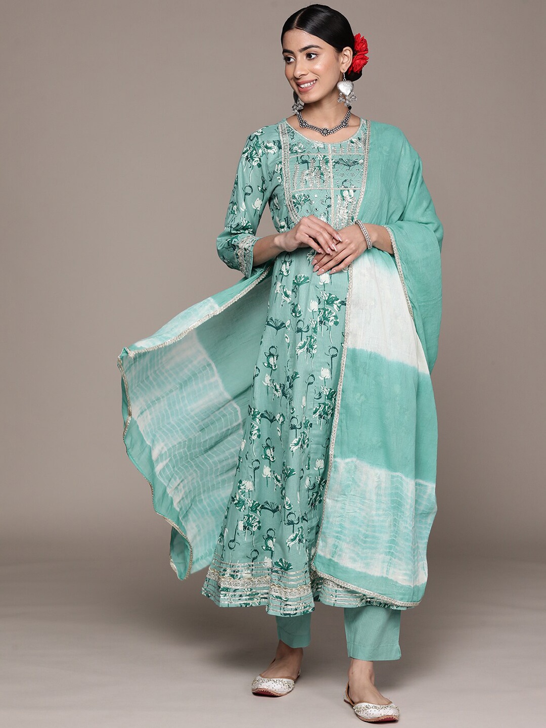 

Ishin Floral Printed Zari Mirror Work Anarkali Pure Cotton Kurta with Trousers & Dupatta, Sea green