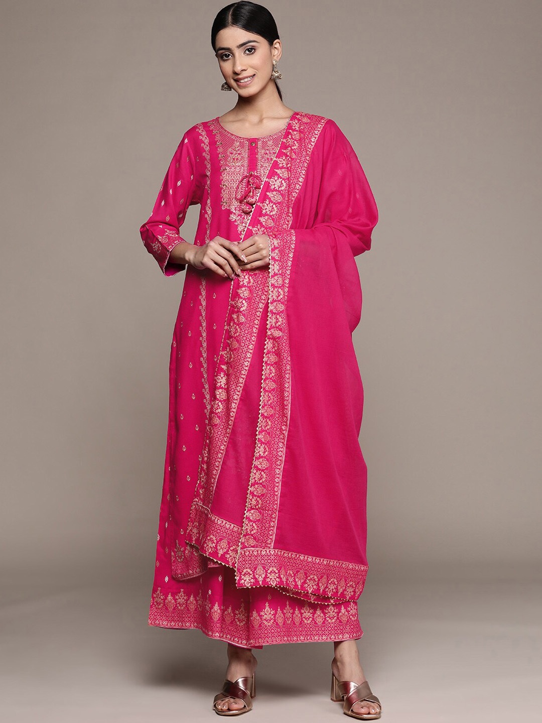 

Ishin Ethnic Motifs Printed Sequined Kurta with Sharara & Dupatta, Pink