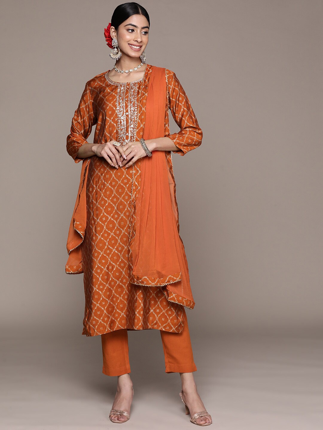 

Ishin Bandhani Printed Zari Kurta with Trousers & With Dupatta, Orange