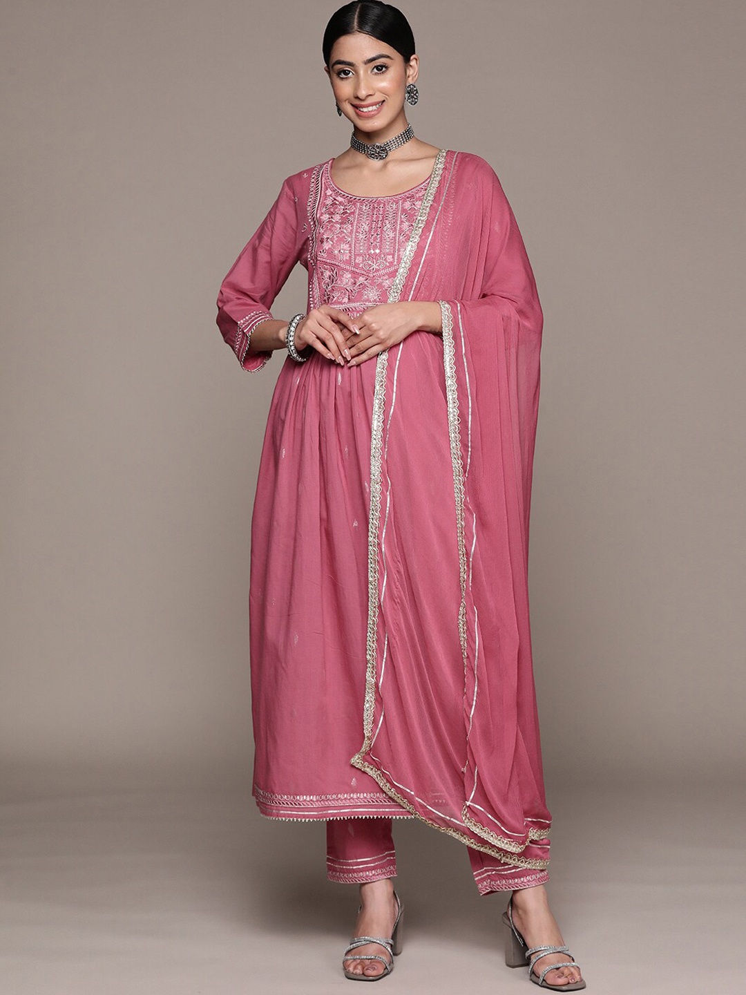 

Ishin Floral Embroidered Mirror Work Aarkali Kurta with Trousers & Dupatta, Pink