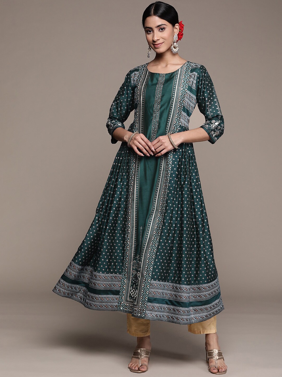 

Ishin Ethnic Foil Printed Beads & Stones Panelled Anarkali Silk Kurta, Green