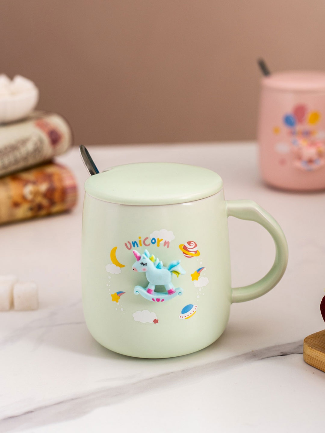 

THEDECORKART Green Unicorn Print Dishwasher Safe Ceramic Coffee Mug With Lid - 100 ML