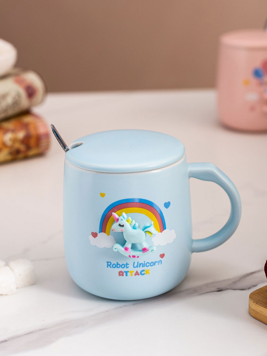 

THEDECORKART Unicorn Blue & White Dishwasher Safe Ceramic Coffee Mug with Lid 100 ml