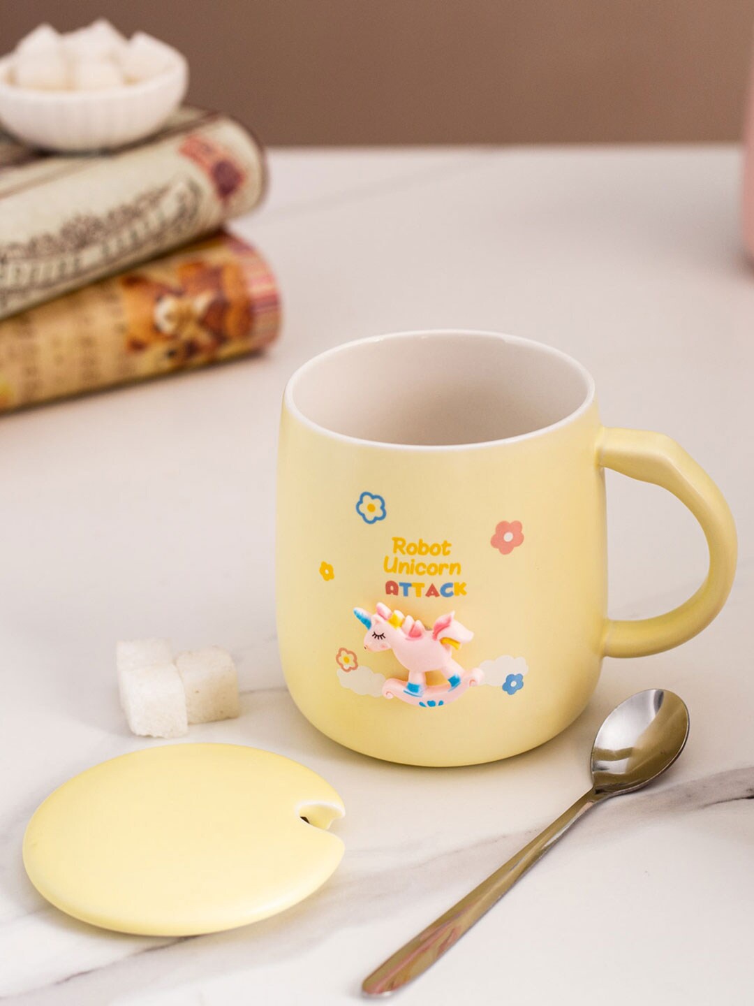 

THEDECORKART Yellow & Pink Unicorn Dishwasher Safe Ceramic Coffee Mug with Lid 100 ml