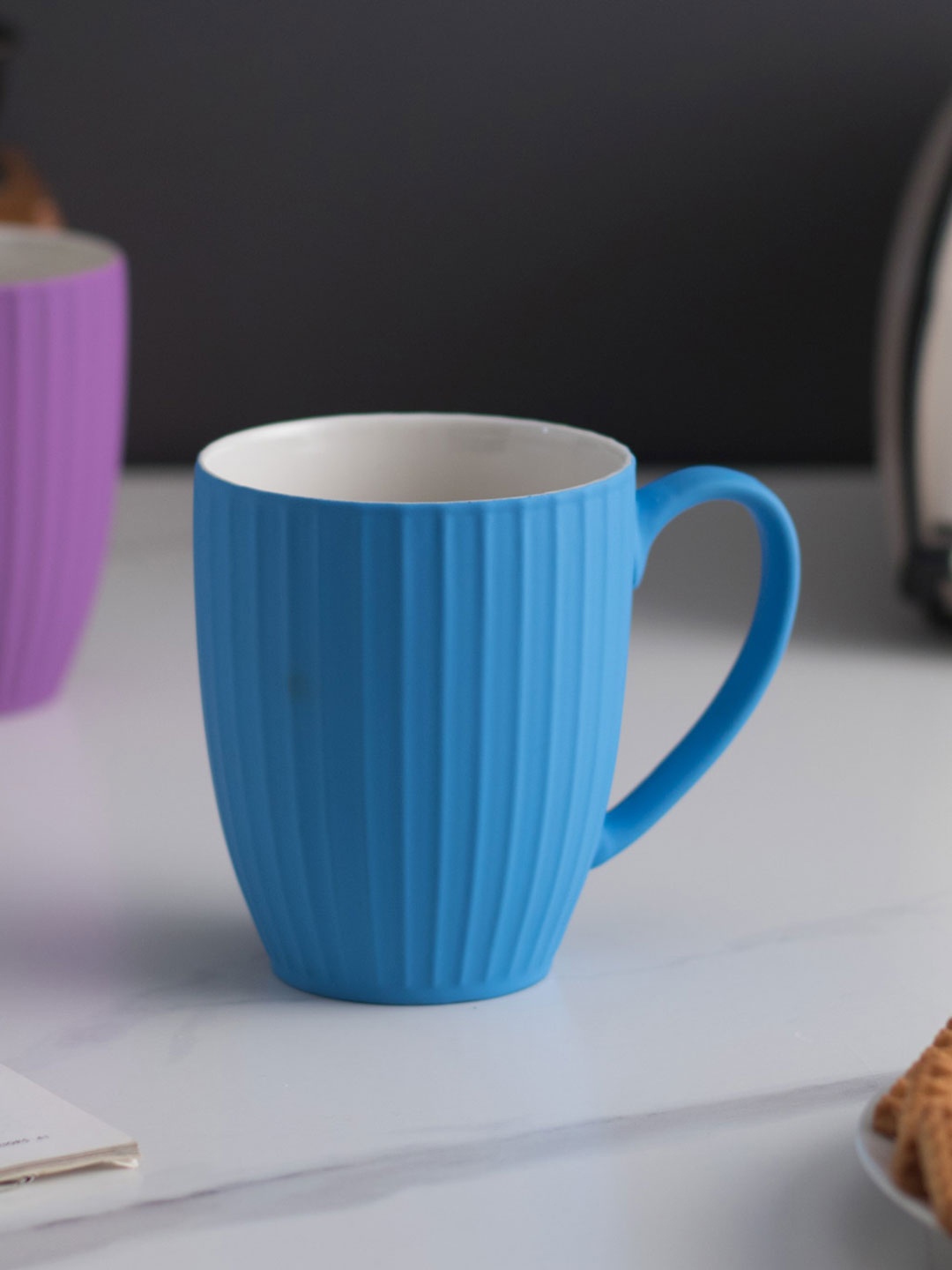 

THEDECORKART Ribbed Blue Textured Dishwasher Safe Ceramic Coffee Mug 350 ml