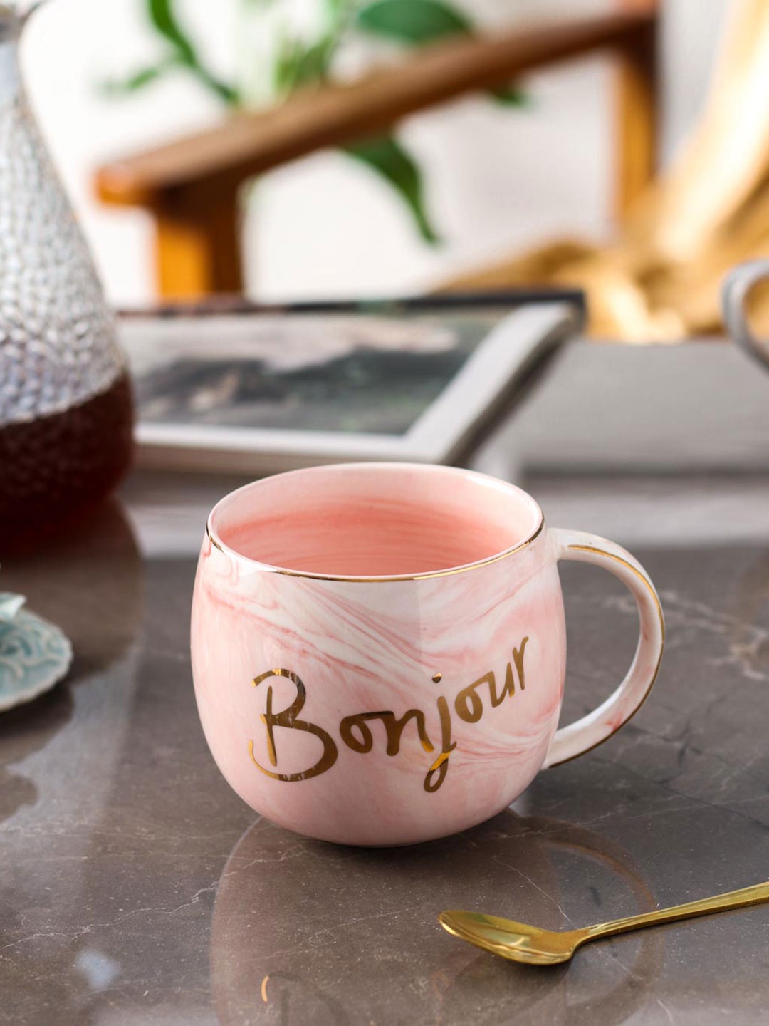

THEDECORKART Bonjour Marbleised Pink & Gold Toned Printed Ceramic Coffee Mug 250 ml
